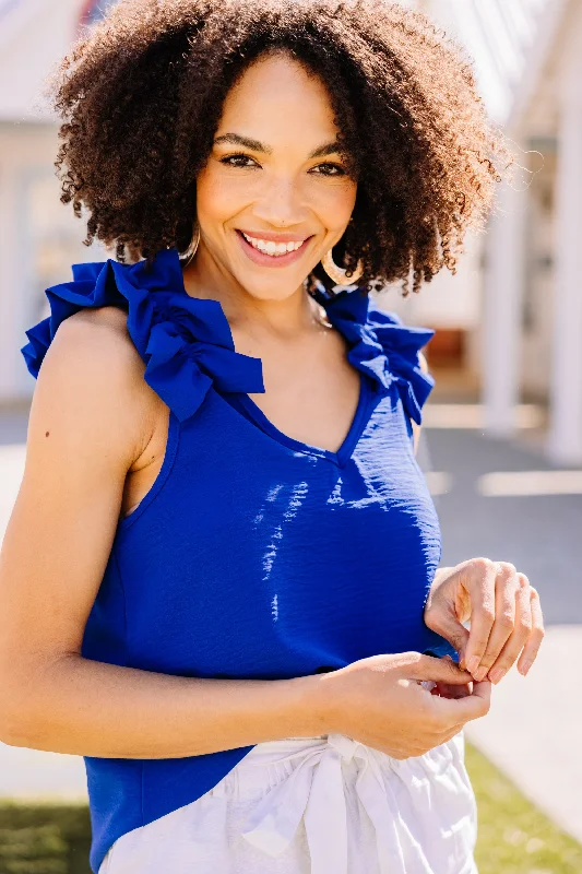 Women's High-Fashion Garments Happy Days Royal Blue Ruffled Tank