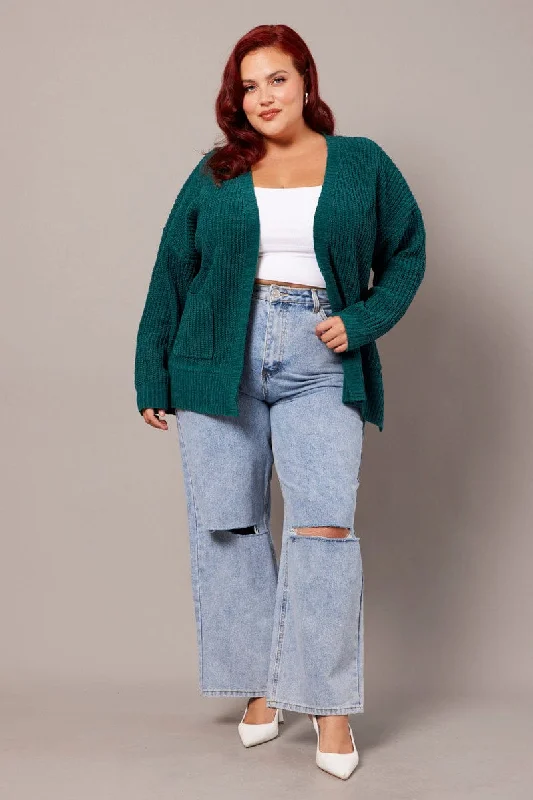 Luxe Women's Fashion Green Knit Cardigan Longline Chenille