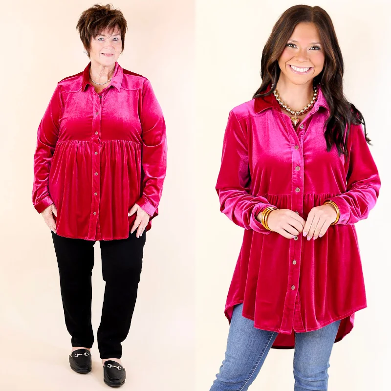 Women's Clothing Apparel Call Me Yours Button Up Velvet Long Sleeve Babydoll Tunic Top in Raspberry Pink