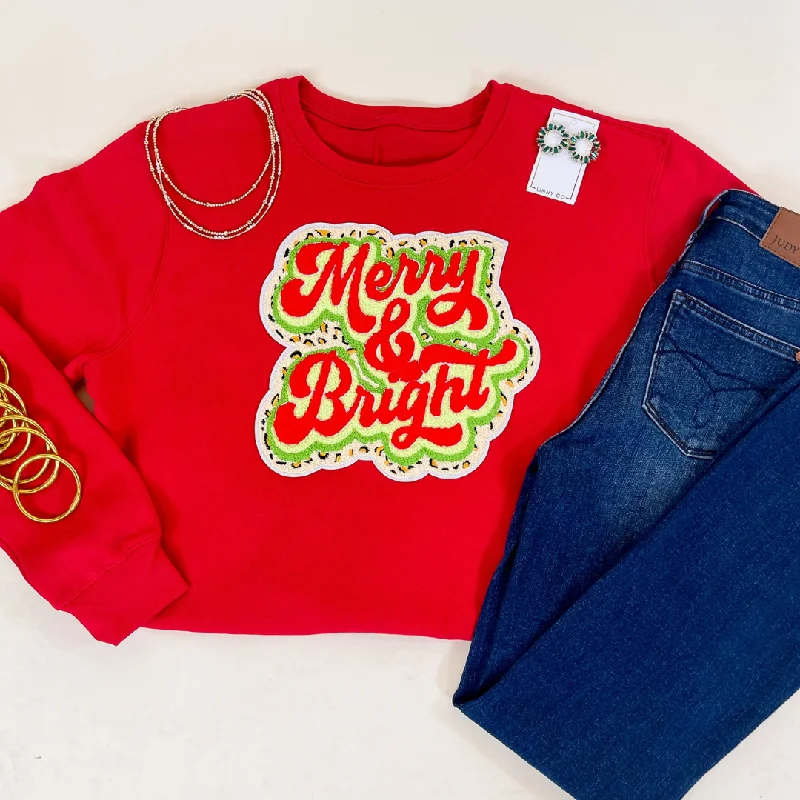 Charming Women's Garments Merry and Bright Graphic Sweatshirt with Cheetah Print Backing in Red