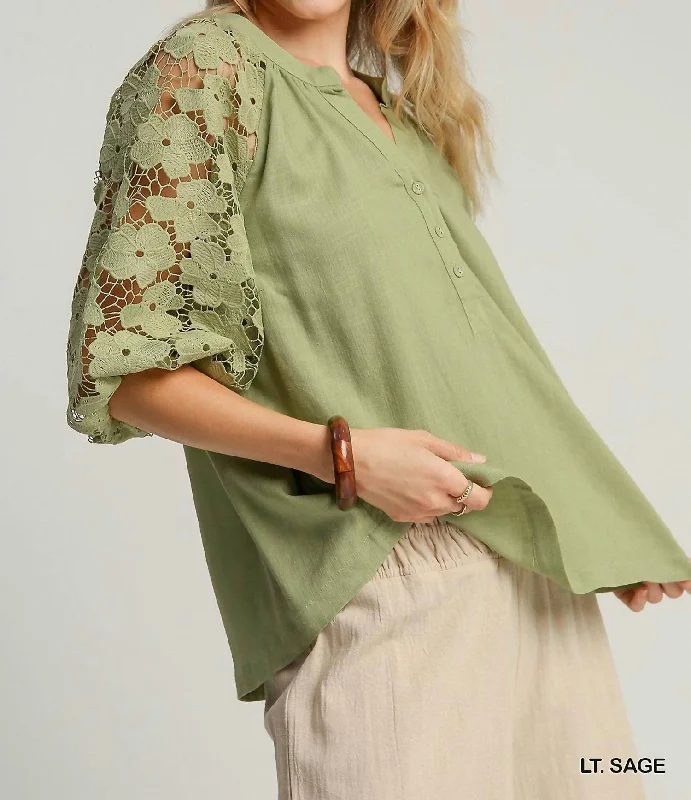 Women's Plus-Size Attire Linen Boxy Cut Split Neck Top With Floral Lace In Light Sage