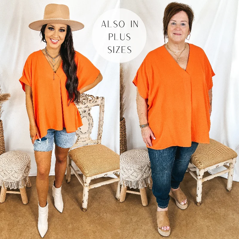 Women's High-Fashion Apparel Last Chance Size XL & 1XL | Weekend Out V Neck Placket Short Sleeve Top in Orange