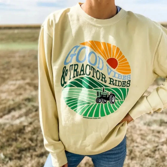 Women's Stylish Outdoor Outfit American Farm Co. "Good Vibes & Tractor Rides" Sweatshirt in Yellow