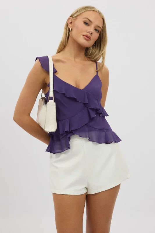 Women's Elegant Formal Outfit Purple Cami Top Sleeveless Crossover Ruffled Details