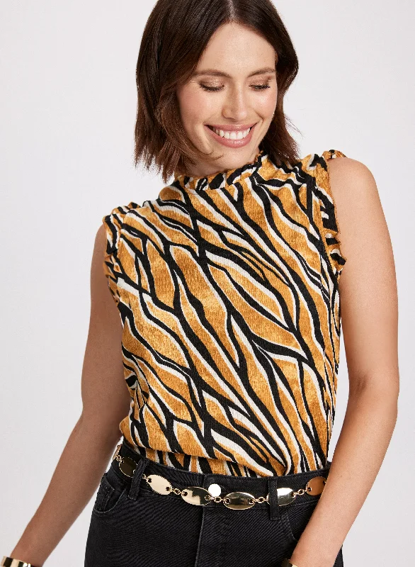 Women's Stylish Professional Apparel Zebra Print Mock Neck Top