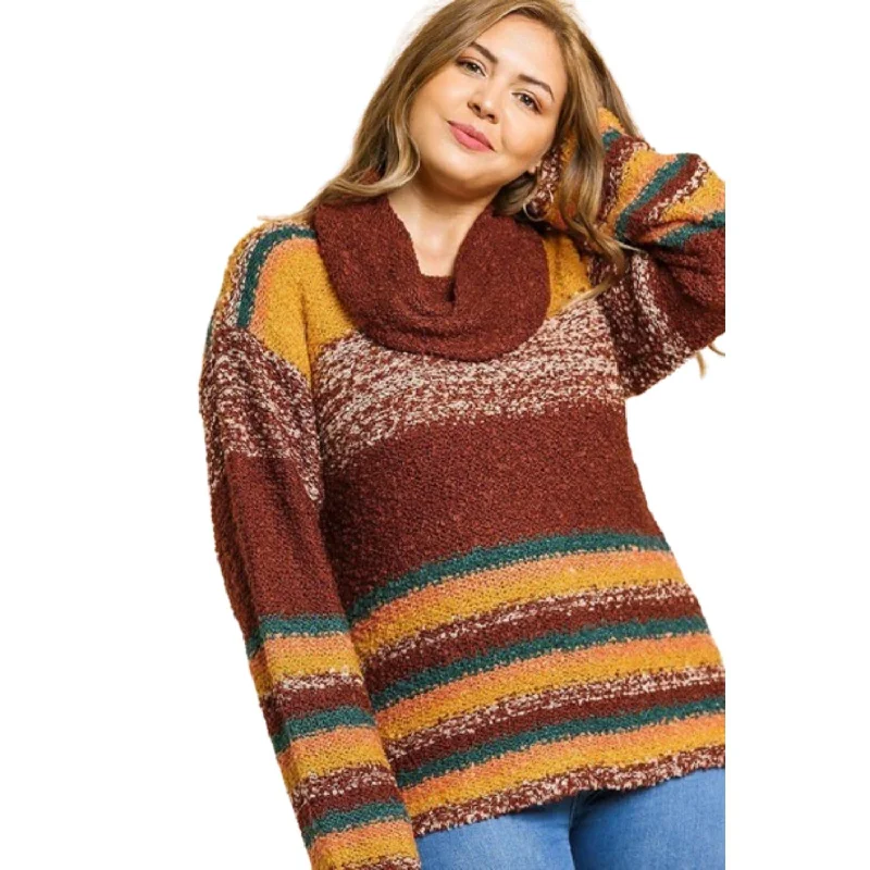 Women's Vintage-Inspired Outfit Multicolor Striped Fuzzy Knit Long Sleeve Pullover