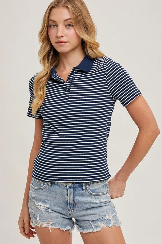 Women's Outfit For The Office Mitzy Short Sleeve Stripe Print Polo Top Navy