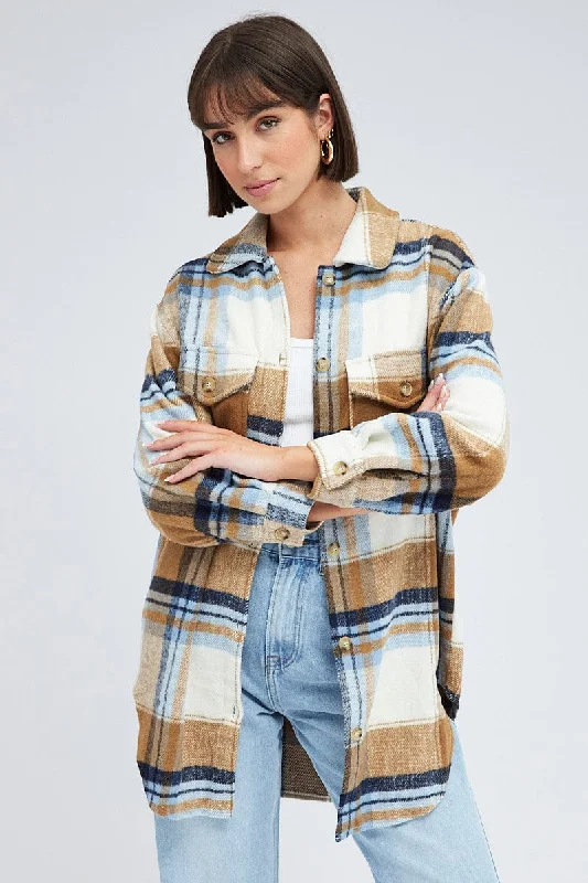 Women's High-Fashion Apparel Brown Check Long Checked Print Jacket Long Sleeves