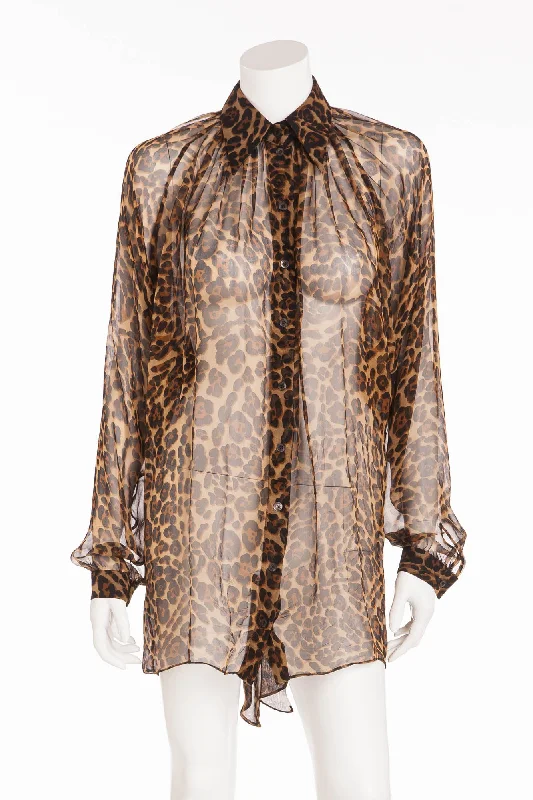 Vintage-Inspired Women's Apparel Gucci - Leopard Long Sleeve Chiffon Button Up -IT 40