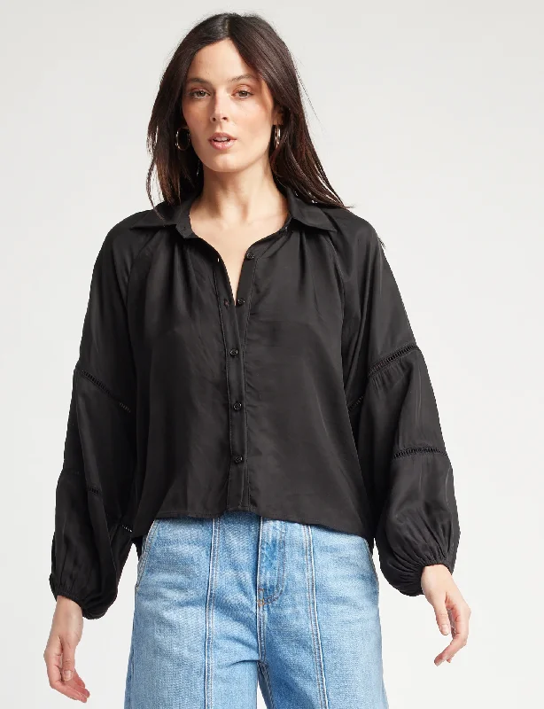 Trendy Boutique Online Hadley Ladder Sleeve Blouse, Black Cupro