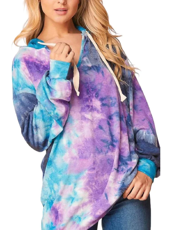 Women's Fashion Clothing Tiedye Brushed Bubble Sleeve Hoodie In Purple