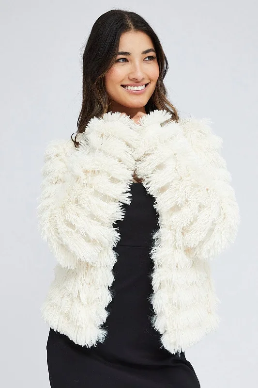 Modern Women's Apparel White Shag Faux Fur Jacket