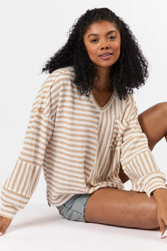 Online Shopping Boutiques All For Sun Tan and Ivory Striped Knit V-Neck Long Sleeve Tee