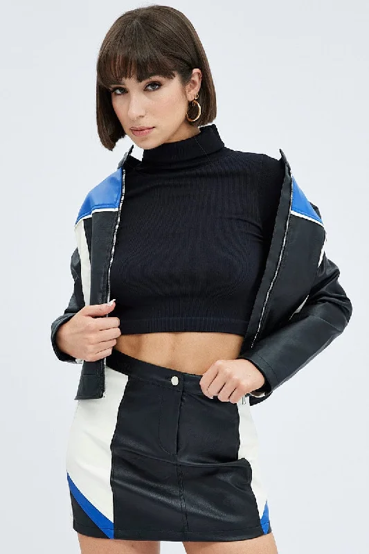 Women's Casual Apparel For Weekends Black Jacket Colour Block Long Sleeve Zip Faux Leather