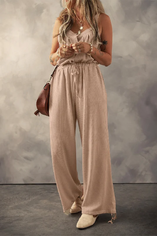 Women's Formal Wear Pale Khaki Knotted Straps Button Textured Drawstring Jumpsuit