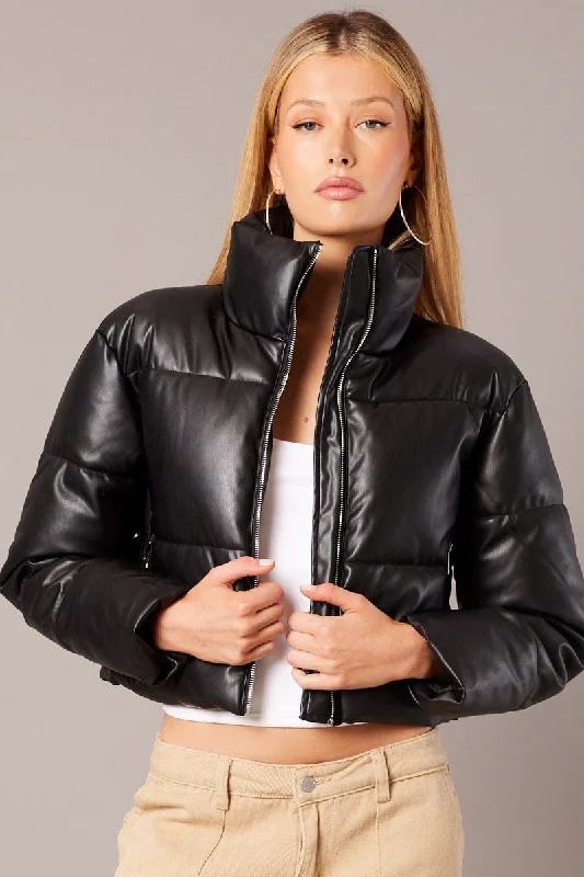 Women's Plus-Size Garments Black Jacket Zip Thru Long Sleeves Faux Leather