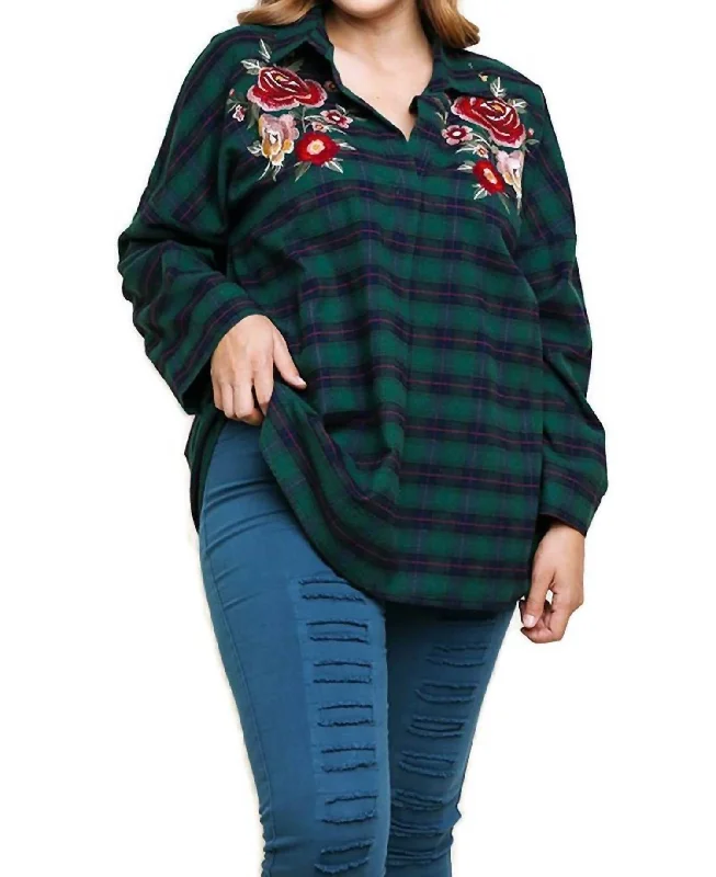 Elegant Women's Clothing Floral Embroidered Plaid Tunic - Plus In Green