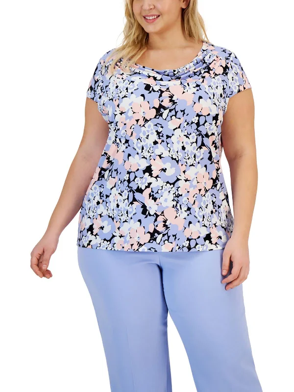 Women's Trendy Attire Plus Womens Floral Print Cow Neck Pullover Top