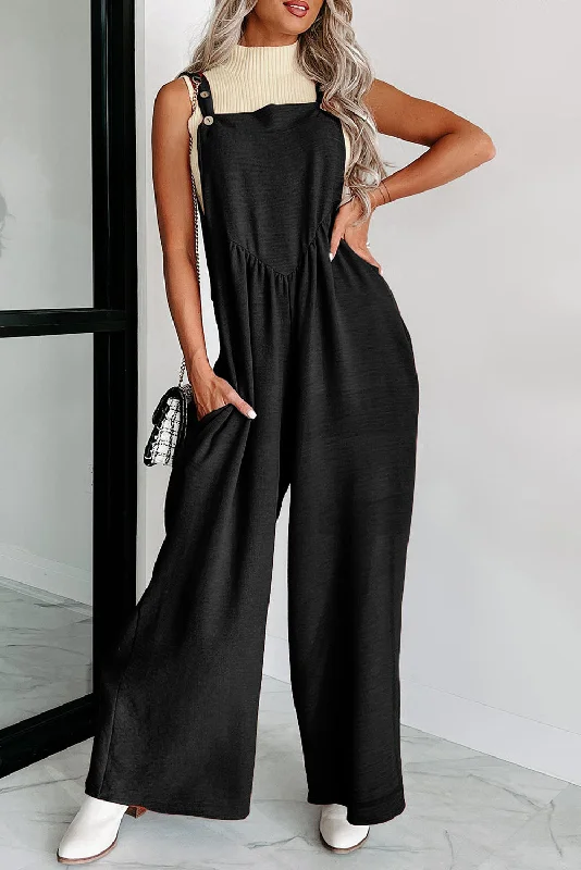 Everyday Women's Fashion Trends Textured Buttoned Straps Ruched Wide Leg Jumpsuit