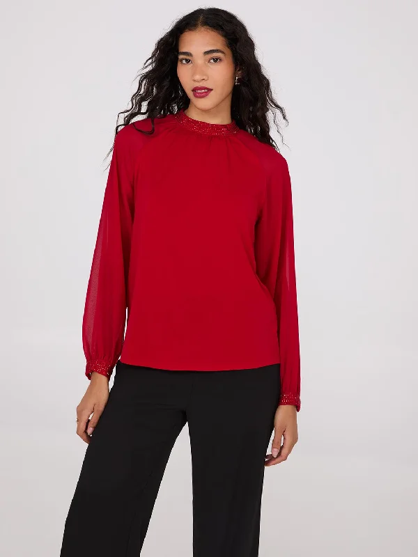 Sophisticated Outfits Chiffon Sleeve Mock Neck Top With Rhinestones