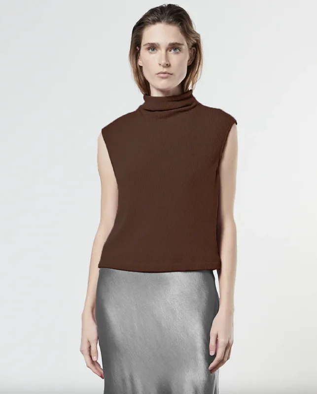 Flash Sales This Week Sleeveless Knit Turtleneck Top - Saddle Brown