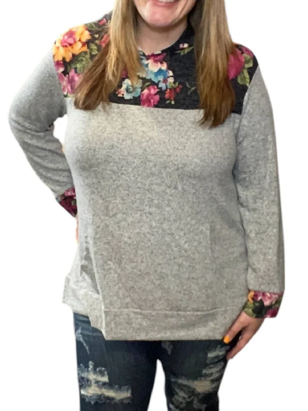 Online Boutiques Affordable Floral Color Block Hoodie In Gray