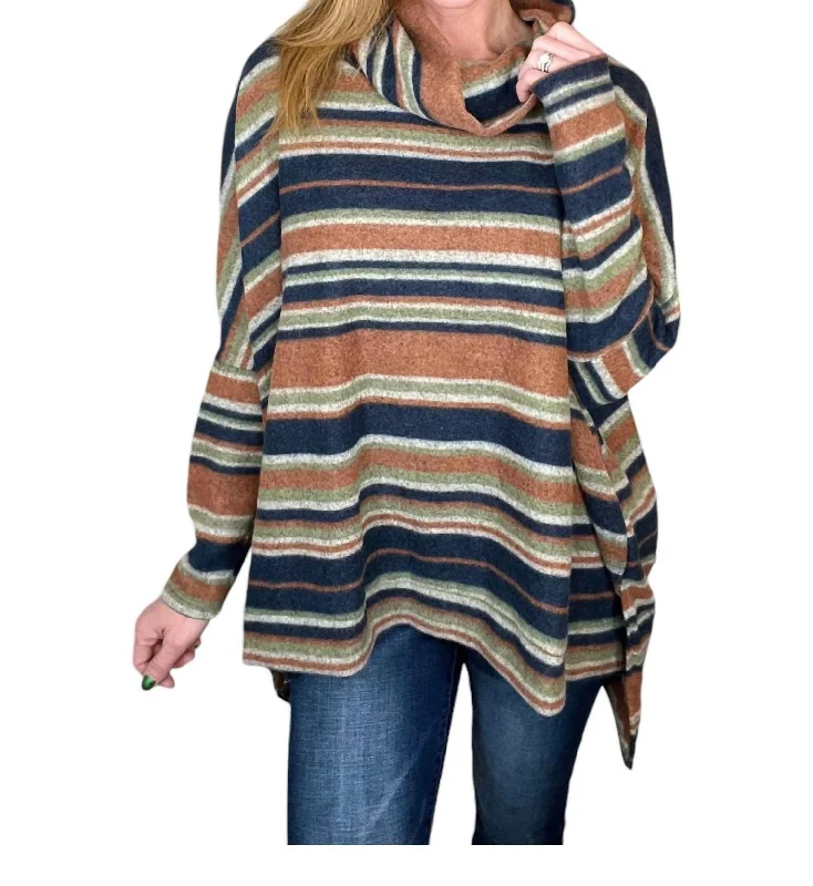 Affordable Women's Garments Multi Striped Cowl Neck Top Long Sleeve In Brown