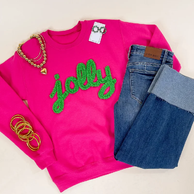 Plus-Size Women's Garments Jolly Hand Stitched in Green Christmas Graphic Sweatshirt in Pink