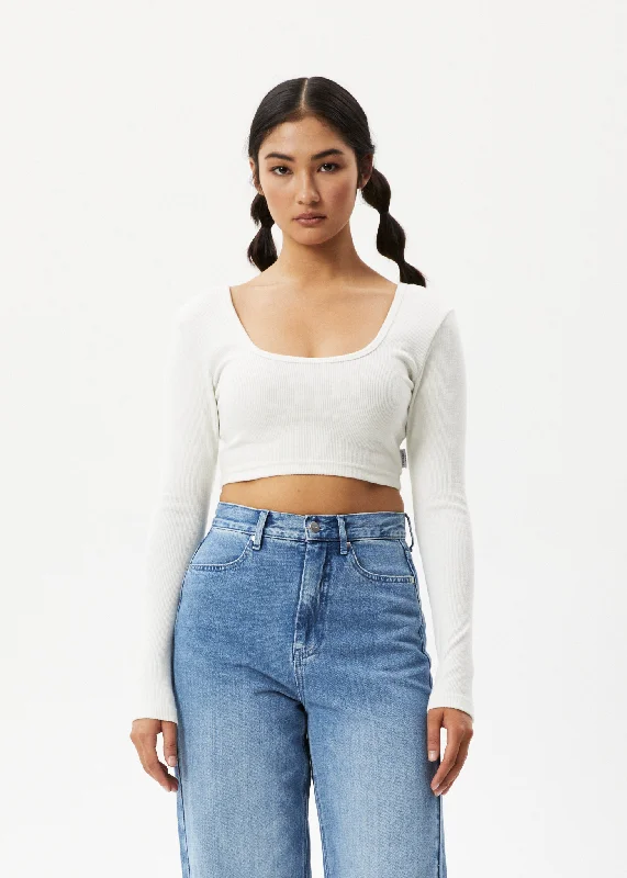 Minimalist Women's Fashion Clothing AFENDS Womens Milla - Ribbed Long Sleeve Cropped Top - Off White