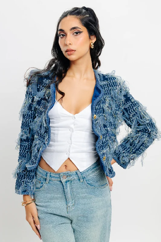 New Arrival Discounts Fringe Crop Blue Jacket