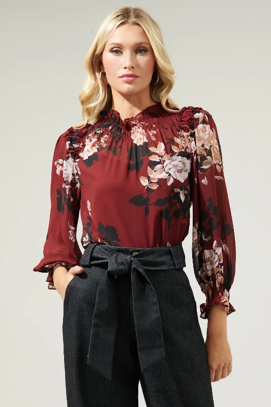 Stylish Women's Clothes for Work and Play Bordeaux Floral Robin Ruffle Blouse