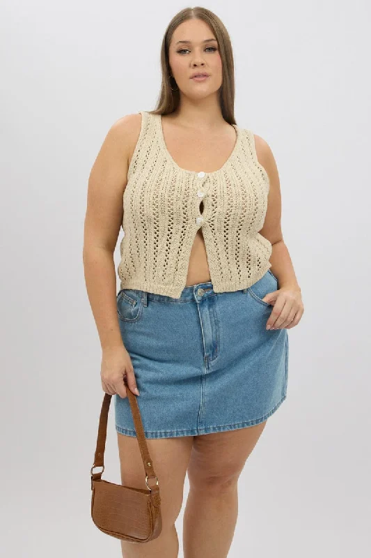 Women's Travel Apparel Beige Crochet Cardigan Sleeveless