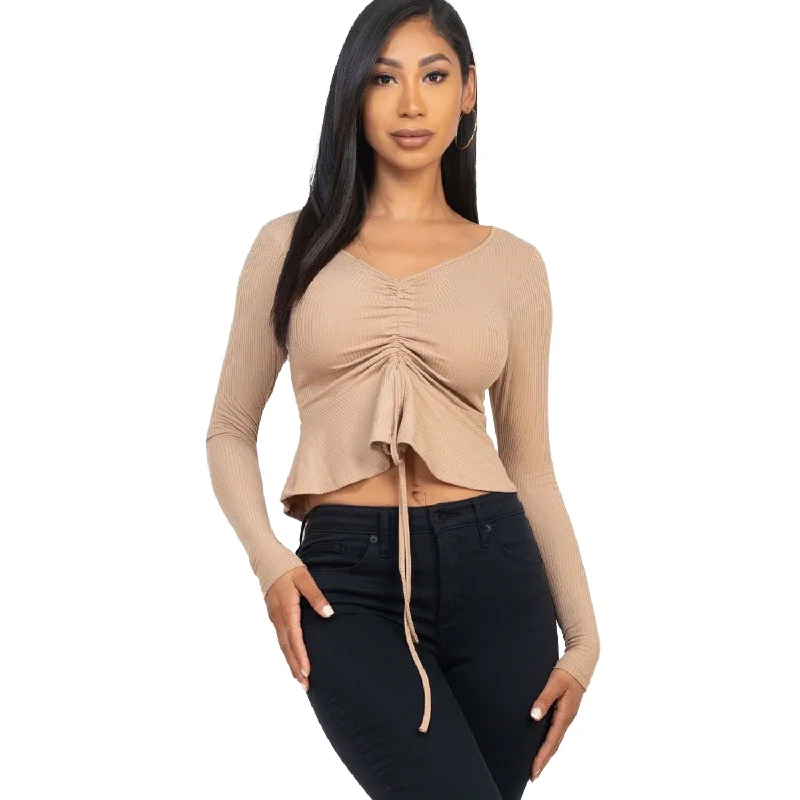 Casual Clothes For Women Ribbed Drawstring Front Long Sleeve Peplum Top