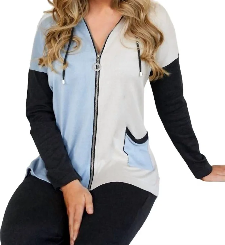 Sale For Women Color Block Zip Hoodie With Pocket In Ice Combo