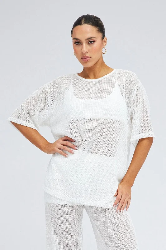 Trendy Outfits For Ladies White Oversized Knit Top Short Sleeve Crew Neck