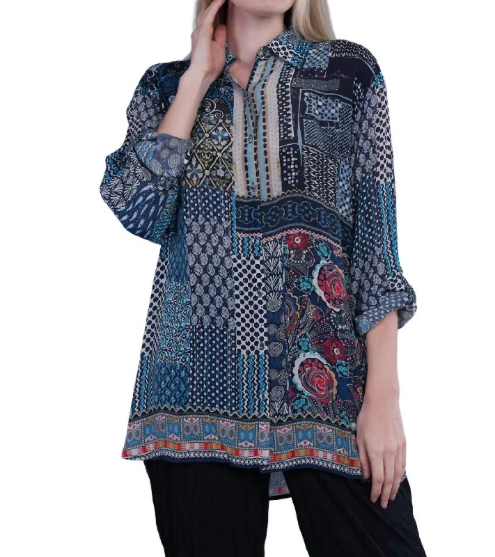 Clothes Sales Patchwork Print Button Up Tunic Top In Navy