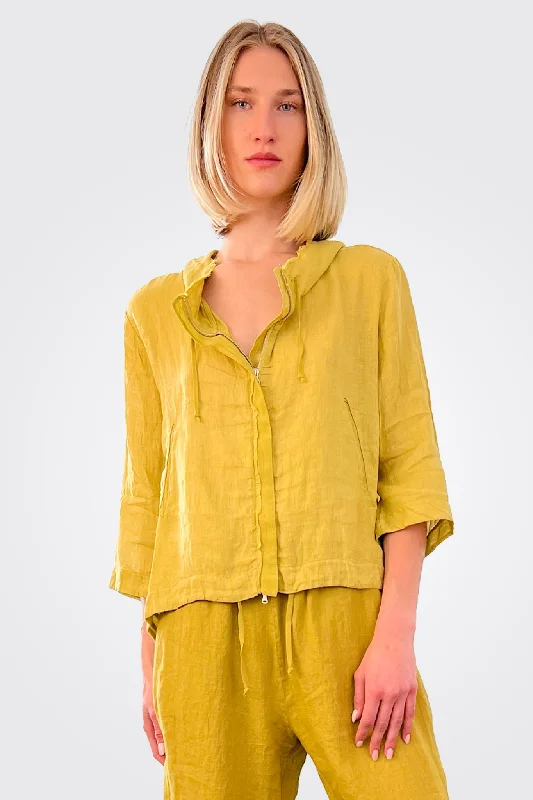 Women's Elegant Evening Outfit Zipped Hooded Linen Jacket - Lime