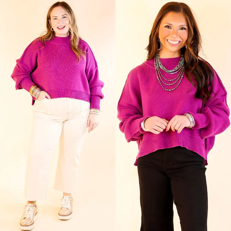 Casual Chic Fireside Fit Cropped Long Sleeve Mock Neck Sweater in Plum Purple