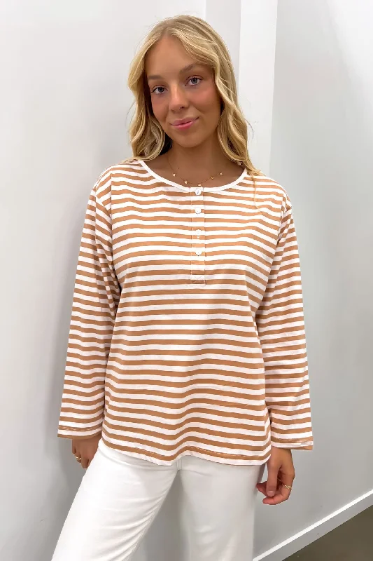 Women's Evening Apparel Henley Long Sleeve Toffee Stripe