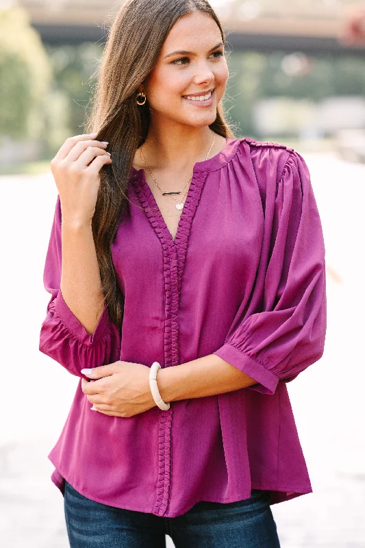 Holiday Discount Easy Days Ahead Plum Purple Textured Trim Blouse