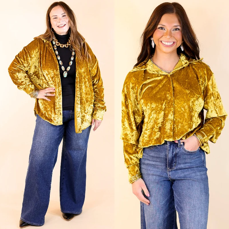 Sophisticated Outfits Frosted Glow Velvet Long Sleeve Button Up Top in Mustard Yellow