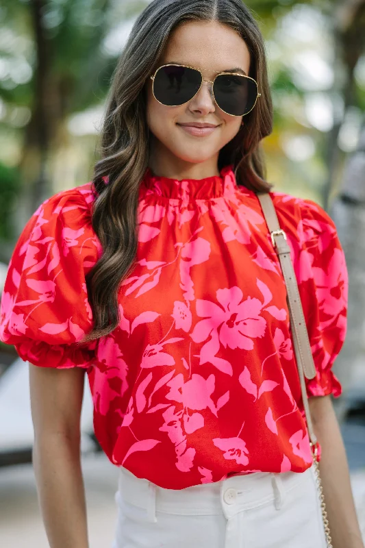 Women's Elegant Outfit Say You Love Me Red Floral Blouse