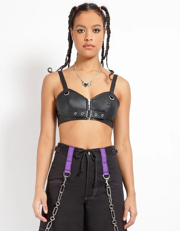 Affordable Luxury Women's Apparel FAUX LEATHER BUCKLE CROP HALTER