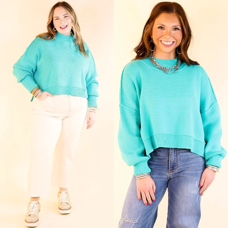 Versatile Outfits Fireside Fit Cropped Long Sleeve Mock Neck Sweater in Turquoise Blue