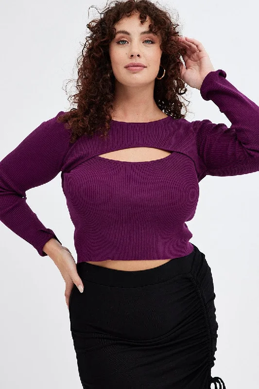 Stylish Women's Outfit Purple Knit Top Cut Out Long Sleeve