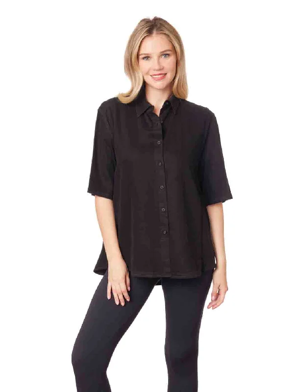 Women's High-Fashion Outfit Tianello TENCEL™ Short Sleeve Camp Shirt-Black