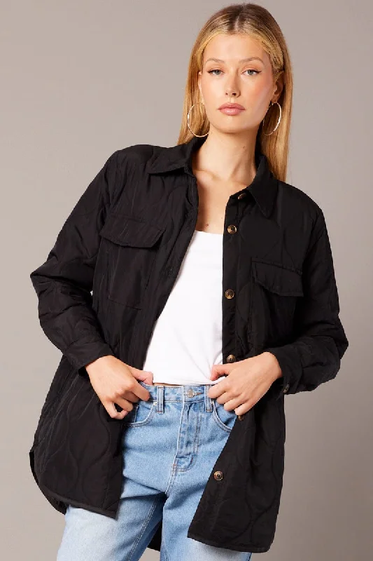 Women's Stylish Casual Garments Black Jacket Puffer Collared Long Sleeve