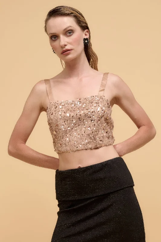 Free Spirited Fashion Floral sequins straight neck crop top