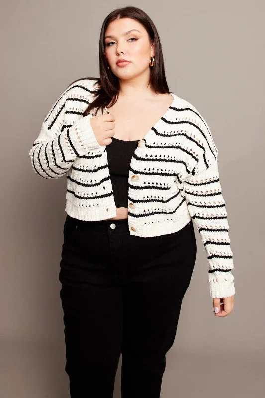 Sophisticated Style Beige Stripe Crochet Knit Cardigan V-neck