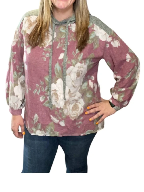 Women's Clothing Boutique Floral Puff Sleeve Hoodie In Burgundy/grey